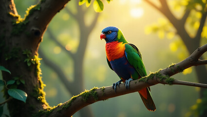 A majestic bird with vibrant plumage on a mossy branch, captured in ethereal, dreamy light.

