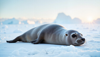 Young Weddell Seal Resting Peacefully on Antarctic Ice Floe at Sunrise