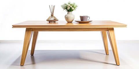 Minimalist flatlay: Stylish wooden table on a pristine white backdrop; clean aesthetic, perfect product display.