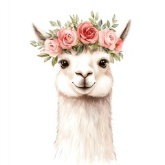 A cute llama with a floral crown, evoking joy and playfulness in nature.