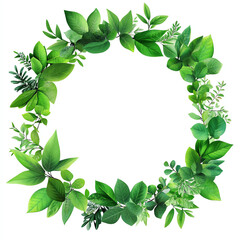 A vibrant green wreath made of various leaves, perfect for nature-themed designs.