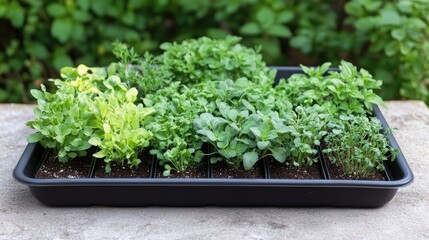 A nursery tray filled with a mix of herb seedlings, ready for transplanting into a larger garden.
