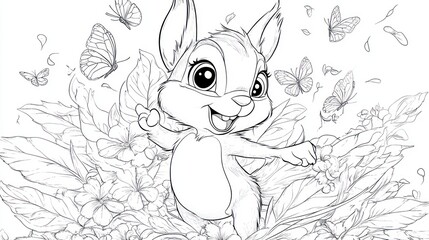 Chipmunk Playtime: Coloring Page of a Cute Cartoon Chipmunk Chasing Butterflies for Kids