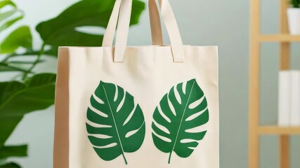 Environmental Shoping Bag Concept, Eco Friendly Tote Bag with Green Leaves Design for Sustainable Shopping Solutions, ProRes 422HQ - Powered by Adobe