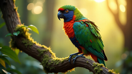 Fototapeta premium A majestic bird with vibrant plumage on a mossy branch, captured in ethereal, dreamy light.