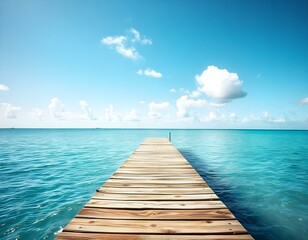 Obraz premium A long wooden dock or pier extending into a calm, turquoise blue ocean with a bright, clear sky in the background