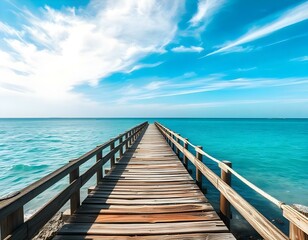 A long wooden dock or pier extending into a calm, turquoise blue ocean with a bright, clear sky in the background