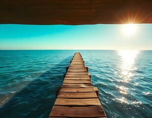 Fototapeta premium A long wooden dock or pier extending into a calm, turquoise blue ocean with a bright, clear sky in the background