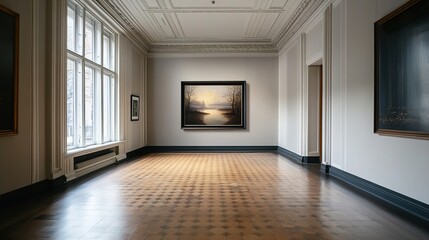 Serene Landscape Painting in Elegant Gallery Interior