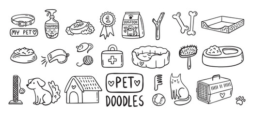 Pet Cat and Dog doodle hand drawn set elements. Pet stuff drawing isolated icons