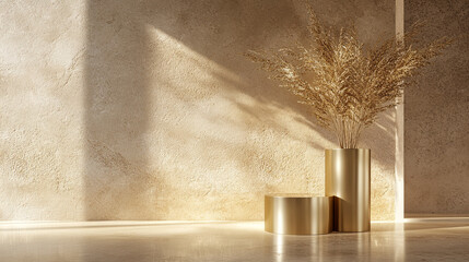 Elegant arrangement of golden planters with dried plants in a bright interior. 