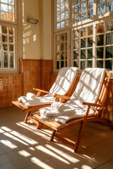 Sunbeams illuminating two empty deck chairs with fresh towels in spa room