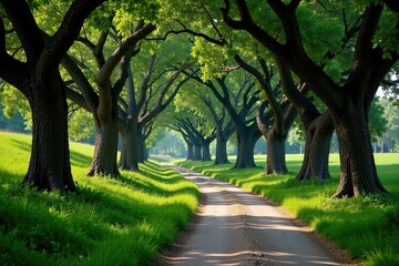 A narrow winding road meanders through a dense thicket of ancient cork oaks, woodland, road