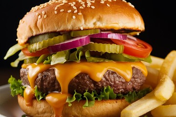 Juicy Cheeseburger with Sesame Bun, Fries, and Veggies