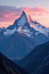 A majestic mountain ridge at dusk with snow-capped peaks and layered terrain compressed through a telephoto lens, concentration of light, mountains, snow