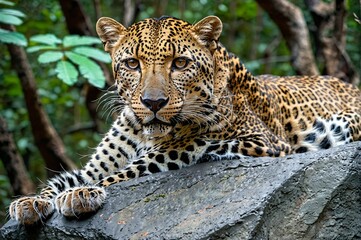 Obraz premium A leopard is laying on a rock in a forest