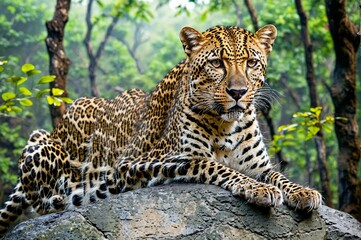 Naklejka premium A leopard is laying on a rock in a forest