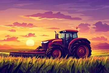 Fototapeta premium A red tractor working in a golden field during sunset, symbolizing agriculture and productivity.