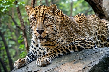 Naklejka premium A leopard is laying on a rock in a forest