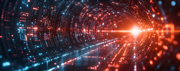 Naklejka premium Futuristic tunnel with glowing lights and digital patterns.