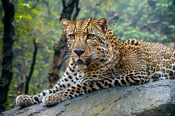 Obraz premium A leopard is laying on a rock in a forest