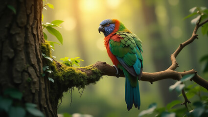 A majestic bird with vibrant plumage on a mossy branch, captured in ethereal, dreamy light.

