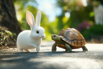 A cheerful white rabbit and a tortoise isolated on sunny  background