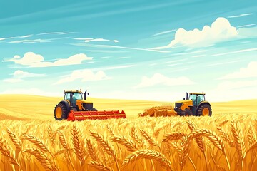 Obraz premium Two tractors working in a golden wheat field under a bright blue sky.