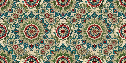 Intricate floral pattern featuring vivid colors and detailed designs, perfect for textiles and interior decor.
