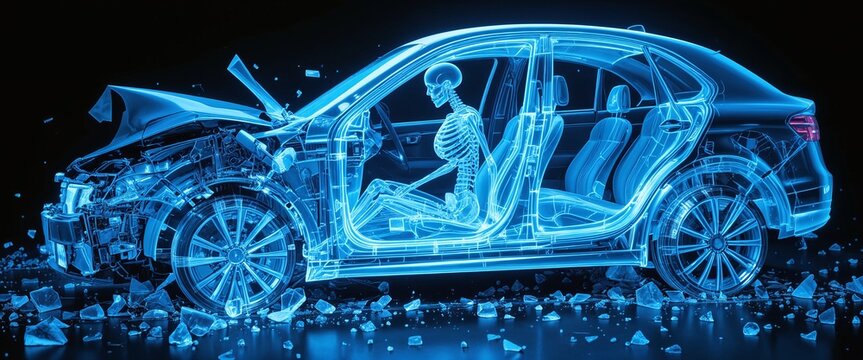X-ray view of a car crash with skeletal passenger surrounded by shattered glass in a digital blue glow.