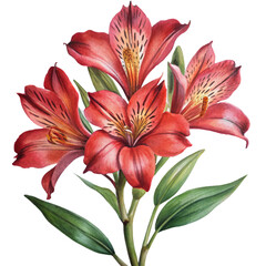 Fototapeta premium botanica watercolor illustration red alstroemeri isolated on transparent background 