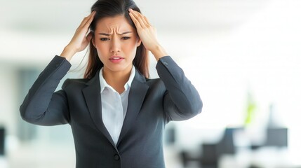 Fototapeta premium A businesswoman battles career headaches and pain. Frustrated businesswoman dealing with stress in the office.