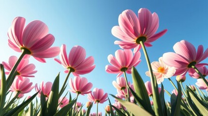 Fototapeta premium Low-angle view of pink flowers against a bright blue sky