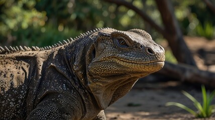 Obraz premium Close-up of a large dark-colored lizard with textured skin and visible scales, slightly turned to the right, set against a blurred background of vegetation and earth.