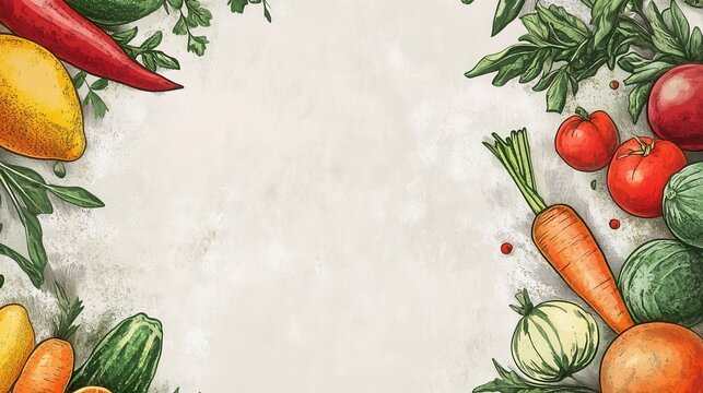 Vibrant Veggie Border: A hand-drawn illustration featuring a colorful array of fresh vegetables forming a charming border, perfect for adding a touch of organic flair to your designs.