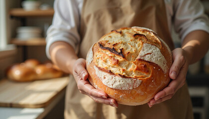Artisanal Baker Proudly Presenting Fresh Sourdough Bread