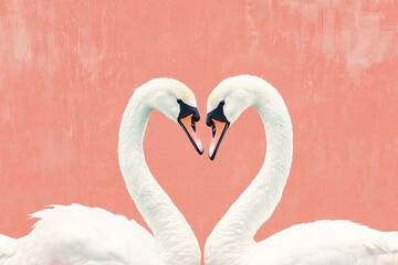 Fototapeta premium Two white swans in a loving pose, their necks forming a heart shape