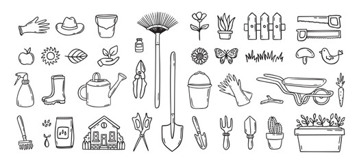 Gardener tools hand drawn doodle icons set. Hobby gardening. Garden items for plant care and backyard cleaning. Garden line clipart. © Yanka