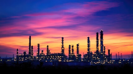 Fototapeta premium Stunning silhouette of a refinery complex against a vibrant dusk sky