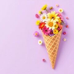 A whimsical design featuring a vibrant bucket of flowers nestled inside a classic ice cream cone, perfect for spring and summer themes.