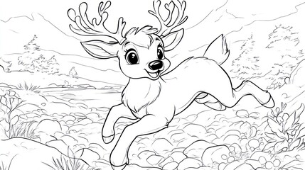 Fototapeta premium Cheerful Reindeer Jumping Over Rocks - Children's Coloring Book Page