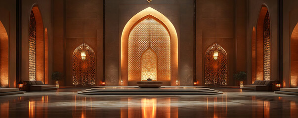 Fototapeta premium A serene interior space with ornate arches, warm lighting, and a central fountain.