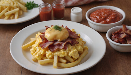 Fototapeta premium loaded breakfast french fries topped with bacon, scrambled eggs and cheese with ketchup on the side
