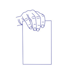 Hand holding a sheet of paper. Contour vector illustration. Index, middle, ring, little fingers and thumb