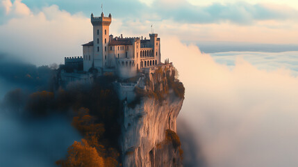 A mystical castle perched on a cliff, surrounded by a foggy landscape and dramatic skies.