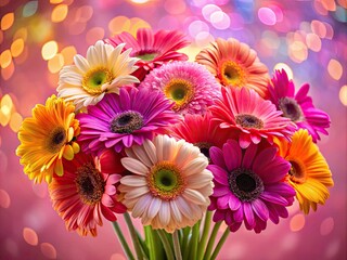 Tiny gerbera daisies bloom in a miniature bouquet, a tilt-shift effect enhancing their charm against a soft pink backdrop.