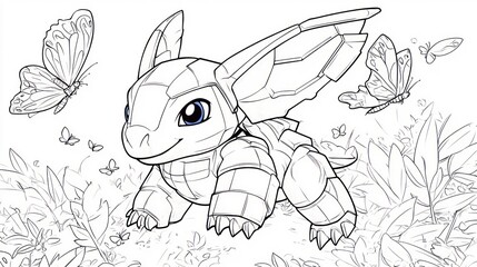 Cartoon Aardvark Joyfully Pursuing Butterflies - Coloring Book Page for Kids