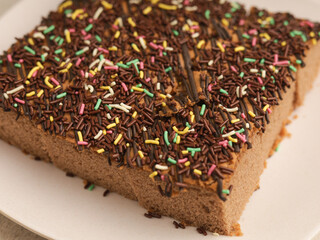 Chocolate sponge cake on white plate