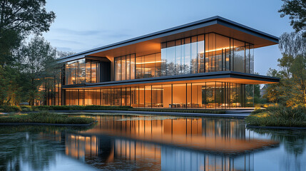 Obraz premium A modern design building with large glass windows