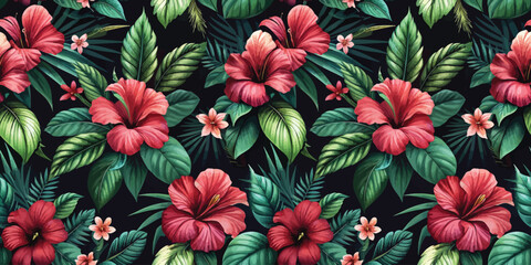 Vibrant tropical floral pattern featuring red hibiscus flowers and lush green leaves on a dark background.